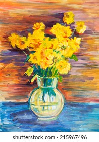 Bright Bunch Of Autumn Yellow Flowers On Blue Cloth