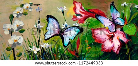 Bright butterflies in flowers. Oil painting