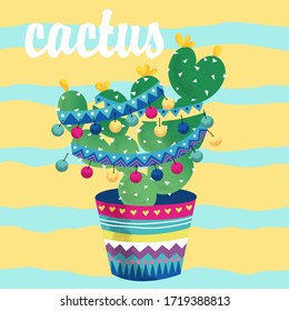 bright cactus on a turquoise fonk. Cacti in colorful bright flower pots. Bright patterns and shades. Bright garlands - Powered by Shutterstock