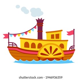 Bright cartoon retro steamboat and side paddle wheel  Old vintage ship illustration  cute   simple drawing 