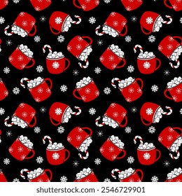 Bright Christmas seamless pattern with red mugs filled with hot chocolate and marshmallows, decorated with snowflakes and lollipops cane on green background for packaging, holiday cards and decor	
