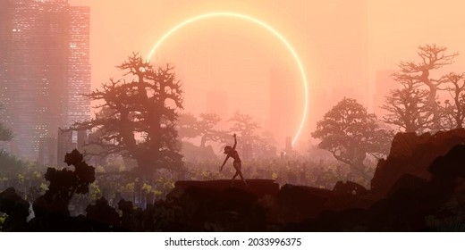 Bright circle object. Digital painting. Fictional abstract realm. Futuristic concept art. Colorful artistic landscape. 3D illustration.