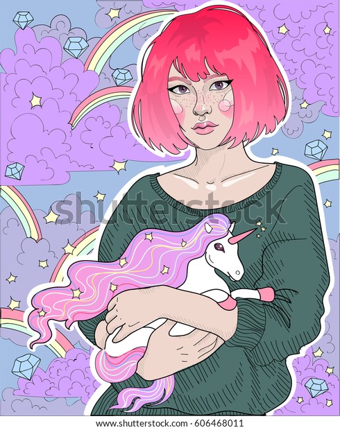 Bright Color Beautiful Girl Pink Hair Stockillustration