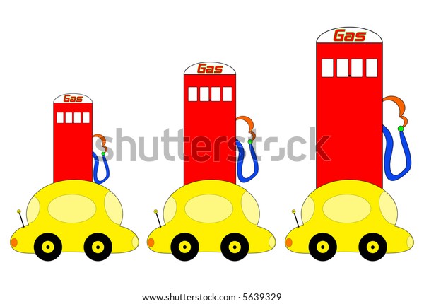 Bright, colorful cartoon cars in front of gas pumps\
that keep increasing in size.  Spaces for prices are left blank. \
Antenna decoration is smiling then progresses to a frown at the\
largest gas\
pump.