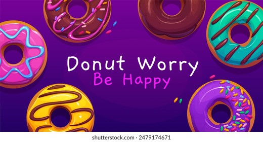 Bright, colorful donuts with an inspiring message to stay happy, illustrated against a purple backdrop. - Powered by Shutterstock