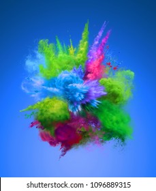 Bright Colorful Explosion Of Blue And Green Powder. Freeze Motion Of Color Powder Exploding. 3D Illustration