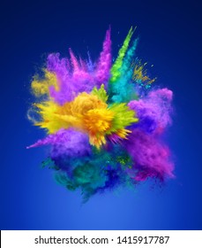 Bright Colorful Explosion Of Powder On Blue Background. Freeze Motion Of Color Powder Exploding. 3D Illustration