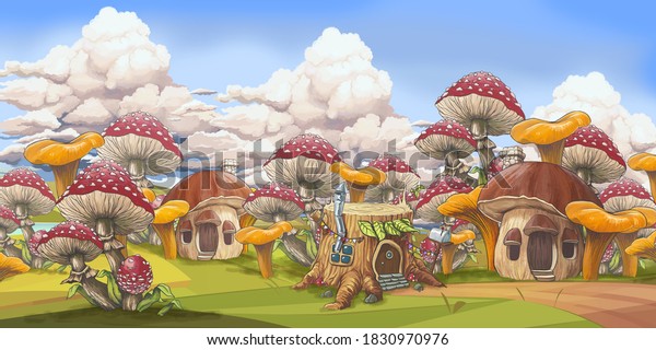 Bright colorful fairy forest with houses, hemp and mushrooms. Beautiful design for children's room wallpaper, photo wallpaper, mural. Design for children, nursery, teenager room. 