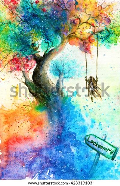 おとぎ話の明るいカラフルなファンタジー画 水彩の超現実的なイラストとコンセプトイラスト 木の上の女の子 が不思議の国で揺れる 虹の葉と夢のような周り のイラスト素材
