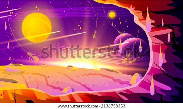 Bright colorful
fantasy space landscape in yellow-purple tones. View from the cave
to the surface of an abstract planet, craters, meteorites, stars,
flashes of light, glare and glow.
