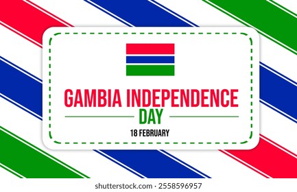 A bright and colorful Gambia Independence Day graphic with diagonal stripes, bold text, and the Gambian flag celebrating February 18th. - Powered by Shutterstock