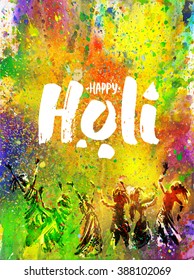 bright colorful greeting card for the festival of colors - Holi. colorful background, splashes and drops. dancing and jumping people. bitmap