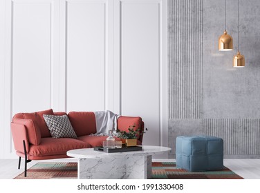 Bright colorful home interior, red sofa on white wall mockup, 3d render, 3d illustration