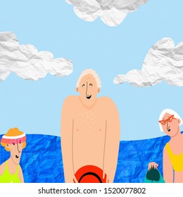 Bright and colorful illustration. Funny grandma and grandpa are resting on the sea. A joke and a prank. - Powered by Shutterstock