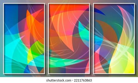 Bright Colorful Motley Abstract Triptych. Chaotically Overlapping Translucent Art Forms And Flowing Stripes. Three Images In White Thin Frames.