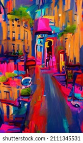 Bright Colorful Paris Street Drawing. Modern Impressionism Painting Contemporary Art. Color Houses And Building. Surreal Abstraction In Oil And Pastel Mixed. Wall Art Print, Poster, Canvas Artwork