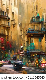 Bright Colorful Paris Street Drawing. Modern Impressionism Painting Contemporary Art. Color Houses And Building. Surreal Abstraction In Oil And Pastel Mixed. Wall Art Print, Poster, Canvas Artwork