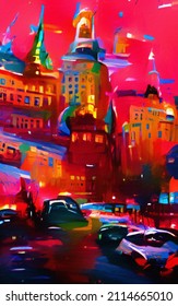 Bright Colorful Paris Street Drawing. Modern Impressionism Painting Contemporary Art. Color Houses And Building. Surreal Abstraction In Oil And Pastel Mixed. Wall Art Print, Poster, Canvas Artwork