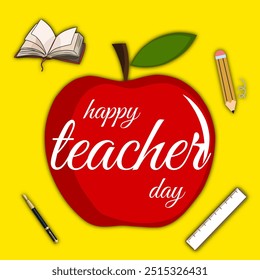 "Bright and colorful Teacher's Day design featuring a red apple, books, pencil, ruler, and pen. Perfect for educational and celebratory projects, posters, and social media." - Powered by Shutterstock