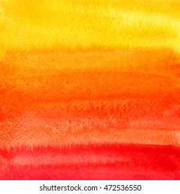 Bright colorful watercolor background. Fire, autumn or sunset colors watercolour texture with stains. Yellow, orange, red gradient fill. Hand drawn template.