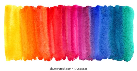 Bright colorful watercolor stains background. Multicolored brush stroke isolated on white. Vivid watercolour stripes of different rainbow colors texture. Painted abstract template with uneven edge.