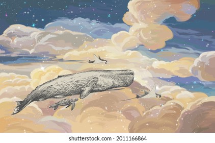 Bright colourful sky wallpaper. Whale in the sky.Starry sky illustration. Illustration of clouds on a blue background. Beautifully painted sky.Drawn book illustration, card, postcard, wallpaper, mural