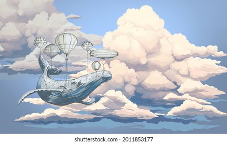 Bright colourful sky wallpaper. Whale in the sky with air balloons. Illustration of clouds on a blue background. Beautifully painted sky.Drawn book illustration, card, postcard, wallpaper, mural