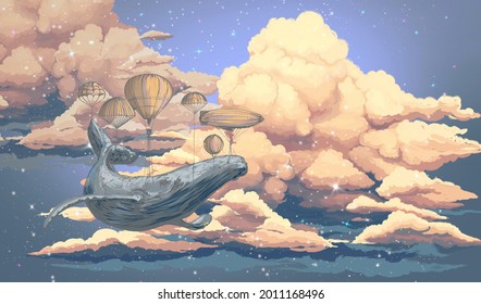 Bright colourful starry sky wallpaper. Whale in the sky with air balloons. Illustration of clouds on a blue background.Beautifully painted sky.Drawn book illustration, card, postcard, wallpaper, mural