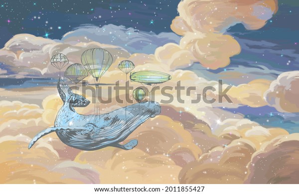 Bright colourful starry sky wallpaper. Whale in the sky with air balloons. Illustration of clouds on a blue background. Beautifully painted sky. Drawn illustration, wallpaper, mural