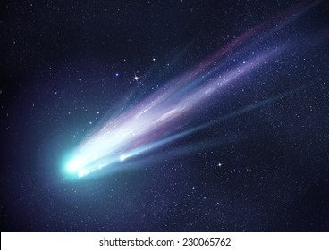 A bright comet with large dust and gas trails. Illustration.