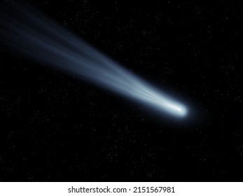 Bright Comet At Night. Large Dust Gas Trail. Comet Asteroid Meteorite Falls To Earth Against The Night Sky 3d Illustration. 