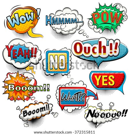 Bright comic speech bubbles screams, phrases, sounds illustration