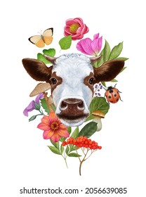 Bright composition and Cow   plants  Hand  drawn illustration  digitally colored 