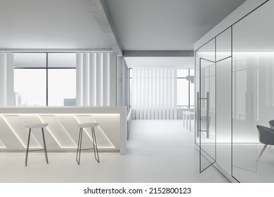 Bright Concrete And Glass Office Interior. Commercial Workplace, Law And Legal Concept. 3D Rendering