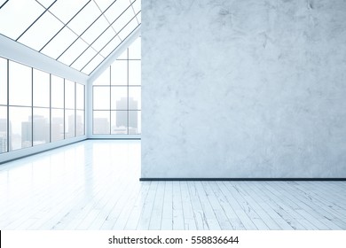 Bright Concrete Interior With Blank Wall, City View And Daylight. Mock Up, 3D Rendering