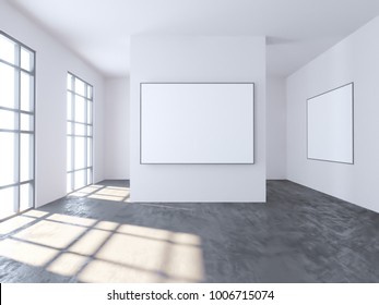 Bright Concrete Room With Empty Poster. Gallery, Exhibition, Advertising Concept. Mock Up, 3D Illustration