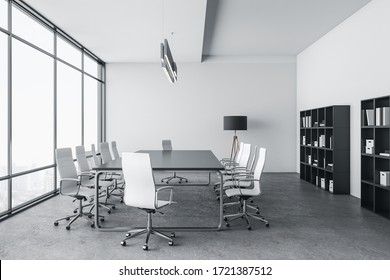 Bright Conference Room Interior With City View. Workplace And Company Concept. 3D Rendering