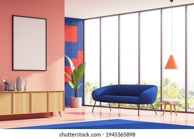 Bright Corner Living Room Interior With A Blue Cosy Couch, Coffee Table And Sideboard. Pink Wall Is Decorated With A Poster. Panoramic Window Has A Brilliant Countryside View. Mock Up. 3d Rendering