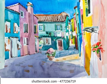 Bright Courtyard. Burano, Italy. Watercolor Art