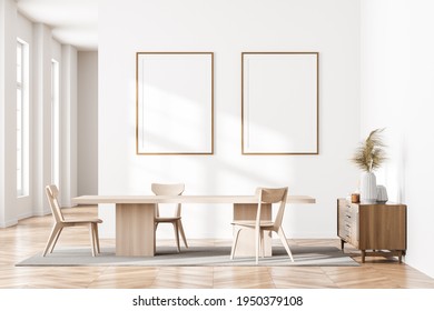 Bright Cozy Dining Room Interior With Two Empty White Posters On The Wall, Table With Three Chairs, Sideboard, Oak Wooden Parquet Floor. Minimalist Scandinavian Design. Mock Up. 3d Rendering