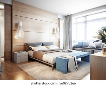 Bright and cozy modern bedroom with dressing room, large window and broad window sill for read with soft seats and cushions. 3d render
