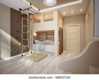 Bright And Cozy Modern Children's Room With Bunk Bed, Large Wardrobe, Sports Wall And Work Desk. 3d Rendering