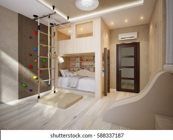 Bright And Cozy Modern Children's Room With Bunk Bed, Large Wardrobe, Sports Wall And Work Desk. 3d Rendering