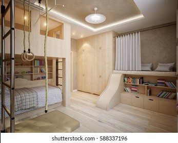 Bright And Cozy Modern Children's Room With Bunk Bed, Large Wardrobe, Sports Wall And Work Desk. 3d Rendering