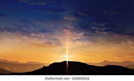 Bright cross on the hill with clouds on the starry sky. Easter, resurrection, new life, redemption concept.  - Powered by Shutterstock