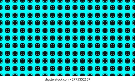 Bright cyan background with a repeating pattern of black octagonal shapes featuring inner cross cutouts. Ideal for modern digital designs and textures.