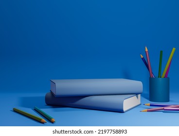 Bright, Dark, Pastel Blue 3D Illustration Back To School Product Display Podium Or Stand, Horizontal Image From Side With Pencils And Books On Table For Product Photography Background Or Wallpaper