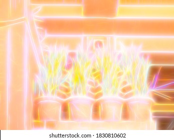 Bright Daytime Neon Abstract Of Tall Ornamental Foliage Plants In A Row Of Concrete Planters On Outdoor Stairs To Large Public Building Downtown, With Digital Glow Effect. 3D Rendering.