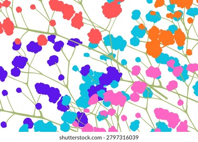 Bright digital vector artwork featuring dense clusters of abstract small flowers in red purple blue orange and pink over a white backdrop.