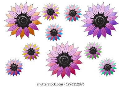 Bright Drawn Sunflower. Watercolor Clip Art Pack On White Background
